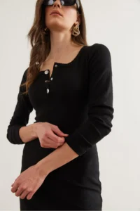 Olalook Women's Black Metal Buttoned Raised Lycra Mini Dress - Image 5