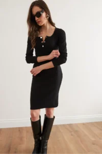 Olalook Women's Black Metal Buttoned Raised Lycra Mini Dress - Image 6