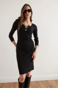 Olalook Women's Black Metal Buttoned Raised Lycra Mini Dress - Image 7