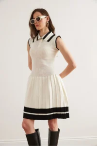 Olalook Women's White Polo Neck Skirt Pleated Knitwear Dress - Image 2