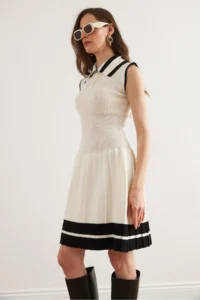 Olalook Women's White Polo Neck Skirt Pleated Knitwear Dress - Image 3