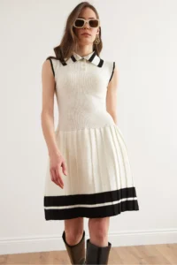 Olalook Women's White Polo Neck Skirt Pleated Knitwear Dress - Image 4