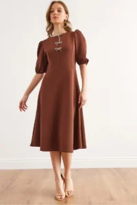 Olalook Women's Brown Bow Detailed Midi Knitted Dress