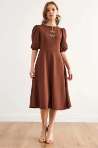 Olalook Women's Brown Bow Detailed Midi Knitted Dress - Image 2