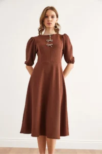Olalook Women's Brown Bow Detailed Midi Knitted Dress - Image 3