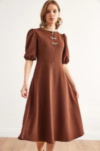Olalook Women's Brown Bow Detailed Midi Knitted Dress - Image 4