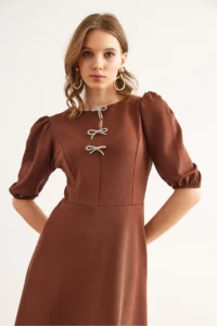 Olalook Women's Brown Bow Detailed Midi Knitted Dress - Image 5