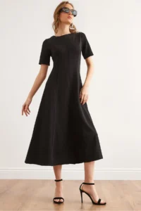 Olalook Women's Black Back Zippered Partial Knitted Midi Dress