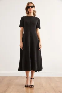 Olalook Women's Black Back Zippered Partial Knitted Midi Dress - Image 2