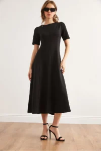 Olalook Women's Black Back Zippered Partial Knitted Midi Dress - Image 3