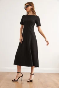 Olalook Women's Black Back Zippered Partial Knitted Midi Dress - Image 4