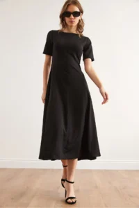 Olalook Women's Black Back Zippered Partial Knitted Midi Dress - Image 5