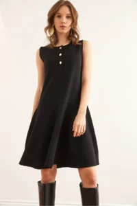 Olalook Women's Black Buttoned Skirt Detailed Crepe Dress