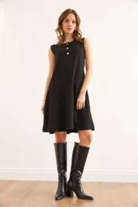 Olalook Women's Black Buttoned Skirt Detailed Crepe Dress - Image 2