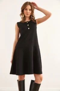 Olalook Women's Black Buttoned Skirt Detailed Crepe Dress - Image 3