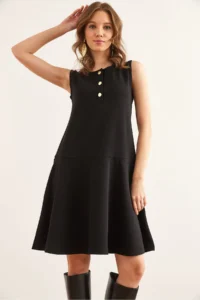 Olalook Women's Black Buttoned Skirt Detailed Crepe Dress - Image 4