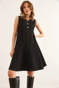 Olalook Women's Black Buttoned Skirt Detailed Crepe Dress - Image 5