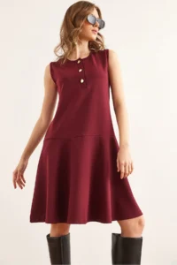 Olalook Women's Burgundy Buttoned Skirt Detailed Crepe Dress