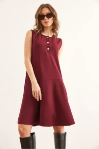 Olalook Women's Burgundy Buttoned Skirt Detailed Crepe Dress - Image 2