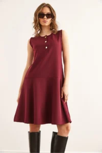 Olalook Women's Burgundy Buttoned Skirt Detailed Crepe Dress - Image 3