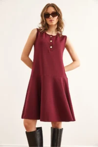Olalook Women's Burgundy Buttoned Skirt Detailed Crepe Dress - Image 4