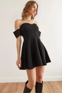 Olalook Women's Black Sleeve Detailed Mini Flared Crepe Dress