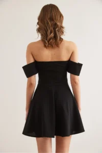 Olalook Women's Black Sleeve Detailed Mini Flared Crepe Dress - Image 2