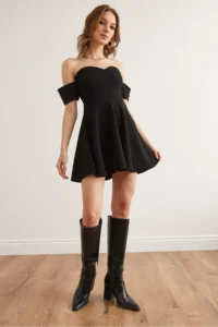 Olalook Women's Black Sleeve Detailed Mini Flared Crepe Dress - Image 3