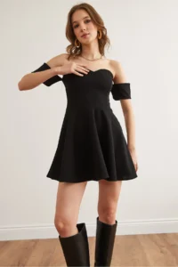 Olalook Women's Black Sleeve Detailed Mini Flared Crepe Dress - Image 4