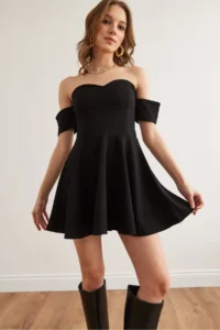 Olalook Women's Black Sleeve Detailed Mini Flared Crepe Dress - Image 5