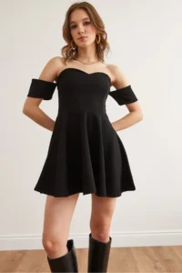 Olalook Women's Black Sleeve Detailed Mini Flared Crepe Dress - Image 6