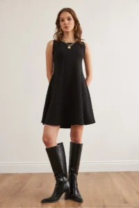 Olalook Women's Black Crew Neck Flared Knitted Crepe Dress - Image 2