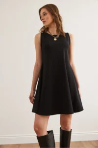 Olalook Women's Black Crew Neck Flared Knitted Crepe Dress - Image 4