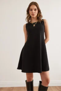 Olalook Women's Black Crew Neck Flared Knitted Crepe Dress - Image 5