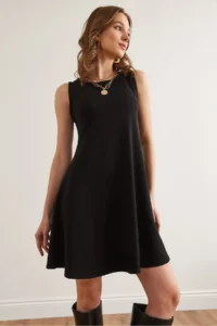 Olalook Women's Black Crew Neck Flared Knitted Crepe Dress - Image 6