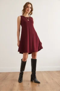 Olalook Women's Burgundy Crew Neck Flared Knitted Crepe Dress - Image 2