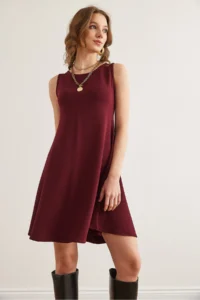 Olalook Women's Burgundy Crew Neck Flared Knitted Crepe Dress - Image 3