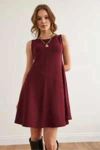 Olalook Women's Burgundy Crew Neck Flared Knitted Crepe Dress - Image 4