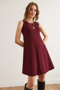 Olalook Women's Burgundy Crew Neck Flared Knitted Crepe Dress - Image 5