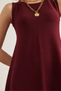 Olalook Women's Burgundy Crew Neck Flared Knitted Crepe Dress - Image 6