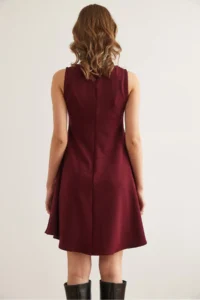 Olalook Women's Burgundy Crew Neck Flared Knitted Crepe Dress - Image 7