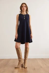 Olalook Women's Navy Blue Crew Neck Flared Knitted Crepe Dress - Image 2