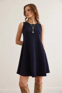 Olalook Women's Navy Blue Crew Neck Flared Knitted Crepe Dress - Image 3