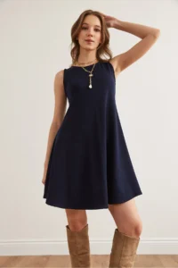 Olalook Women's Navy Blue Crew Neck Flared Knitted Crepe Dress - Image 4