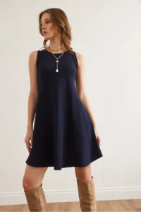 Olalook Women's Navy Blue Crew Neck Flared Knitted Crepe Dress - Image 5