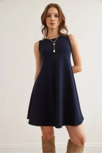 Olalook Women's Navy Blue Crew Neck Flared Knitted Crepe Dress - Image 6