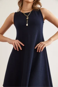 Olalook Women's Navy Blue Crew Neck Flared Knitted Crepe Dress - Image 7