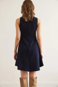 Olalook Women's Navy Blue Crew Neck Flared Knitted Crepe Dress - Image 8