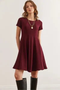 Olalook Women's Burgundy Piece Trend Mini Flared Dress