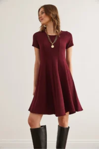 Olalook Women's Burgundy Piece Trend Mini Flared Dress - Image 2
